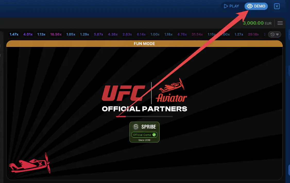 Modo demonstração do jogo Aviator