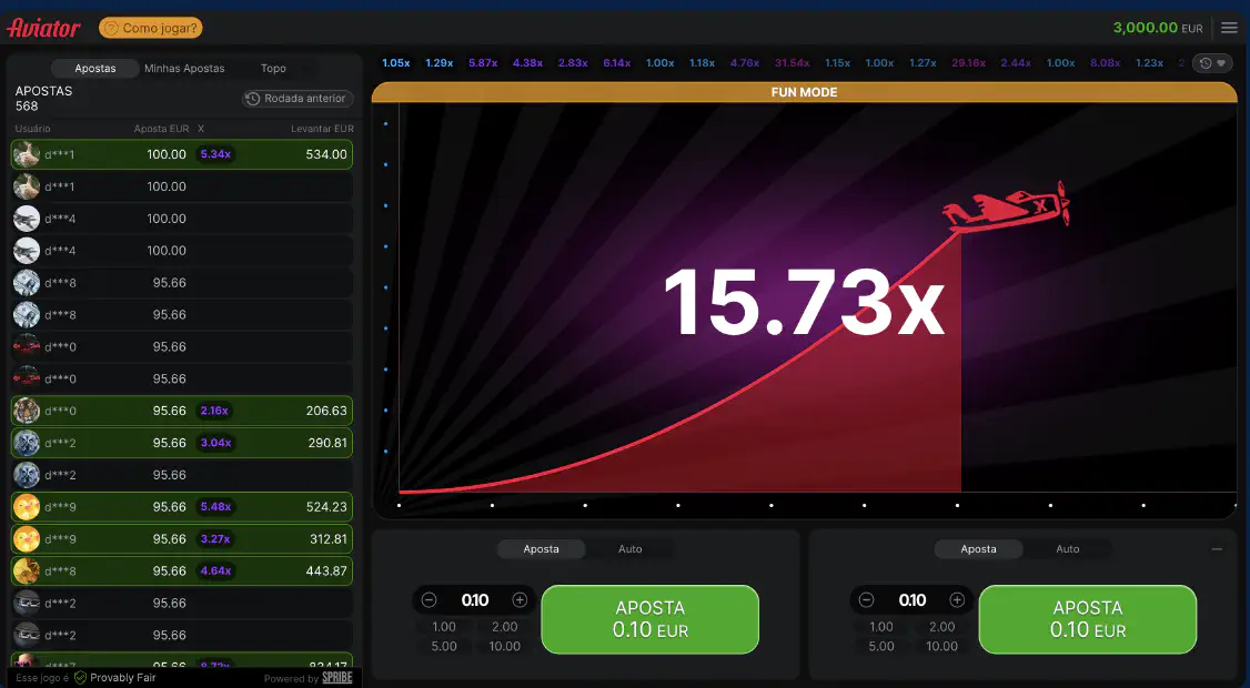 Interface do jogo Aviator