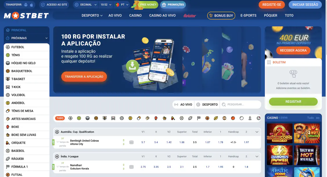 Página principal do casino Mostbet